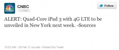 CNBC: “La prossima settimana sarà presentato l’iPad 3 con processore Quad-Core”