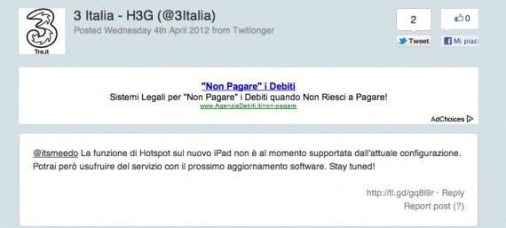 3 Italia: “Presto abiliteremo l’Hotspot Personale su iPad”