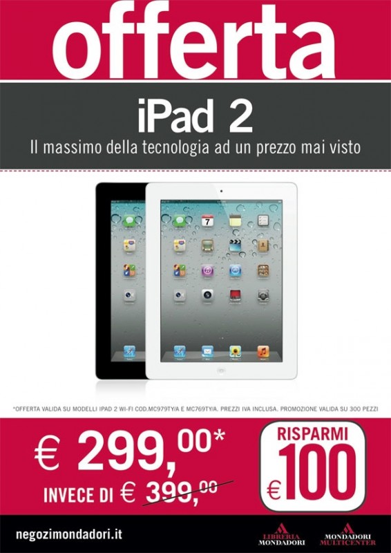 Da Mondadori disponibili iPad 2 da 16GB a 299€