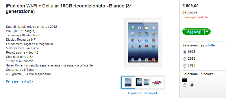 Disponibili iPad 3 con 3G ricondizionati ad un prezzo scontato su Apple Store