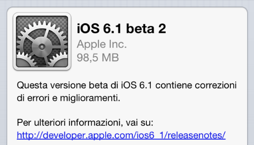 iOS 6.1 beta 2 disponibile per il download