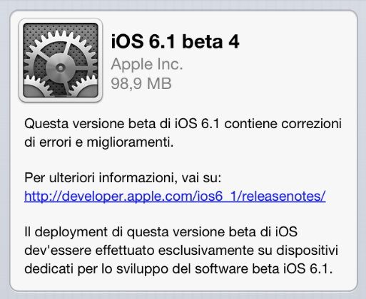 iOS 6.1 beta 4 disponibile per il download [AGGIORNATO]