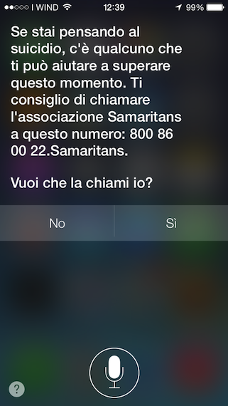 Anche in Italia Siri offre un aiuto se si manifesta la volontà di suicidarsi