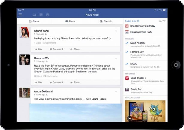 Facebook per iPad testa una nuova “sidebar” dedicata all’intrattenimento