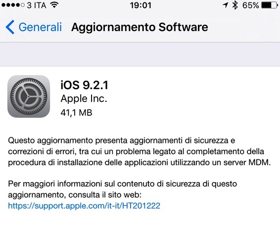 Apple rilascia iOS 9.2.1