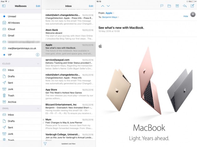 iOS 10 aggiunge la visualizzazione a tre colonne per Mail e Note su iPad Pro da 12.9″
