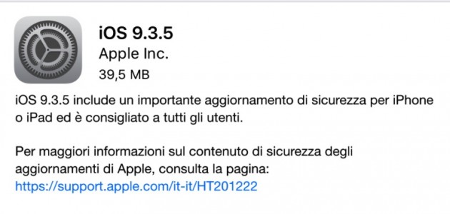 Apple rilascia iOS 9.3.5!