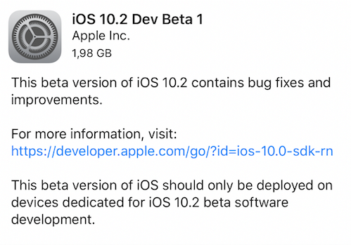 Disponibile iOS 10.2 Beta 1 per gli sviluppatori!